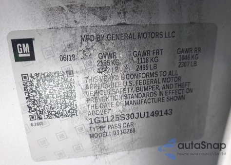 2018 Chevrolet Impala 2Lz z USA, uszkodzony, nr VIN 1G1125S30JU149143